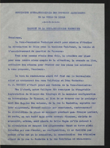 Rapport sur la voirie et l'assainissement du quartier de Wazemmes