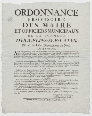 Ordonnance provisoire des maires et officiers municipaux d'Houplines-sur-la Lys réglementant la mendicité sur la voie publique