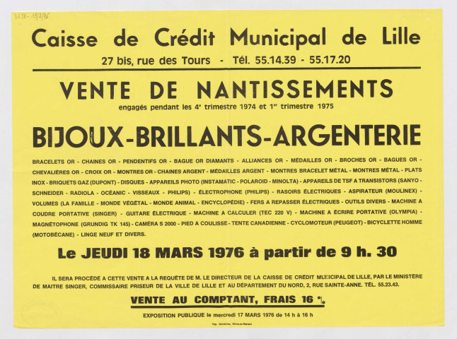 Caisse de crédit municipal de Lille. Vente de nantissements engagés pendant le 4ème trimestre 1974 et 1er trimestre 1975.