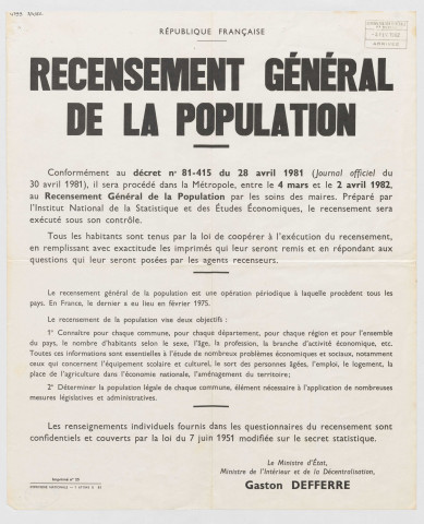 Ministère de l'Intérieur. Recensement général de la population.