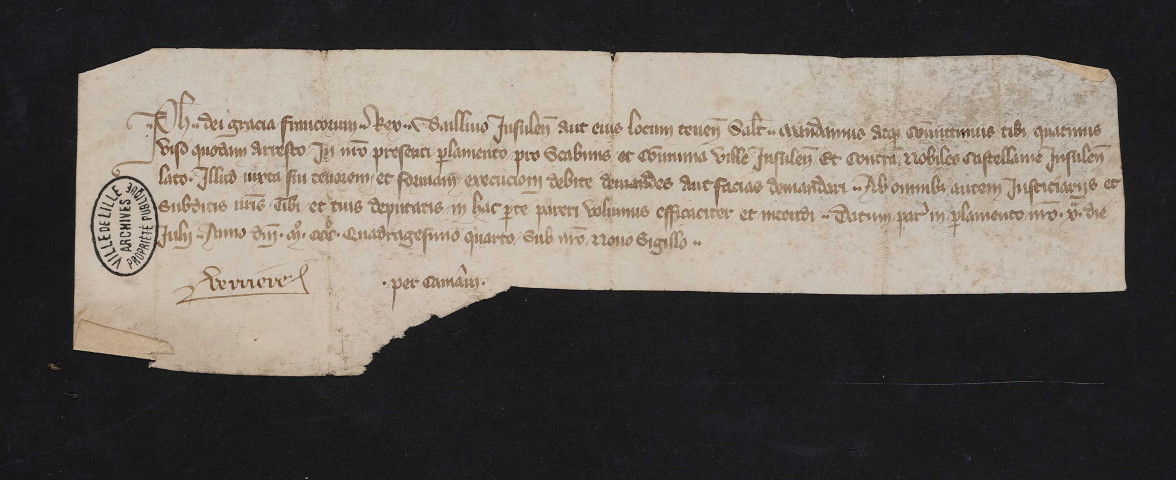 Mandement exécutoire de l'arrêt du Parlement de Paris déboutant les nobles de la châtellenie de Lille s'opposant au droit d'arsin (10 juillet 1344).