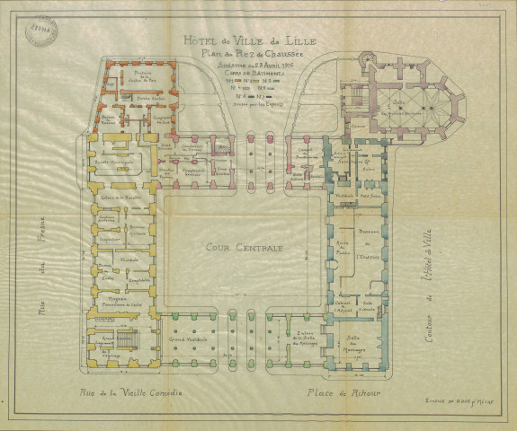 Plan du rez-de-chaussée de l'Hôtel de Ville, place Rihour, annoté suite à l'incendie du 23 avril 1916