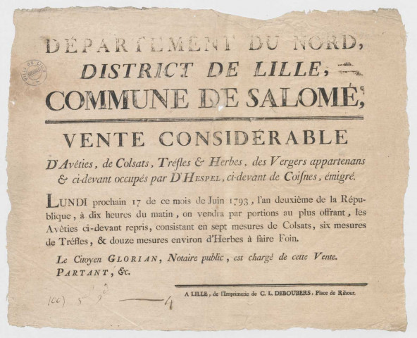 District de Lille, commune de Salomé. Vente de la récolte de colza, de tréfle, d'herbe provenant des terres sises à Coisnes de l'émigré d'Hespel