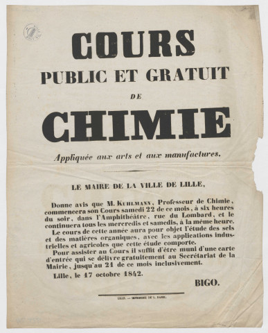 Annonce de l'ouverture prochaine d'un cours de chimie à partir du 22 octobre 1842 à l'amphithéâtre de la rue du Lombard
