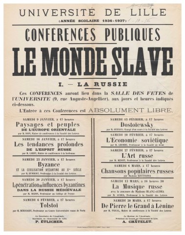 Université de Lille. Année scolaire 1936-1937. Conférences publiques sur le monde slave.