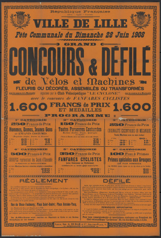 Fêtes de Lille. Fête communale du dimanche 28 juin 1908. Grand concours et défilé de vélos et machines.
