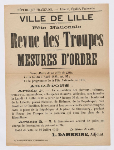 Fête nationale. Revue des troupes. Mesures d'ordre. Arrêté du 10 juillet 1919.