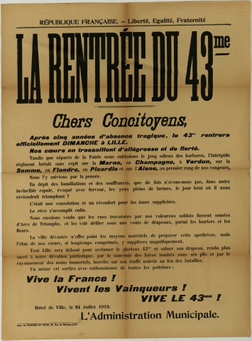 Libération. - Annonce du retour du 43ème régiment d'infanterie: 1 affiche