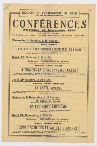 Société de géographie. Conférences. Programme d'octobre et de novembre 1959.