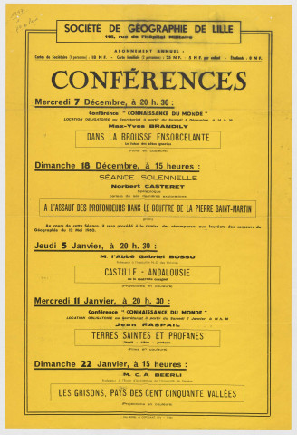 Société de géographie. Conférences. Programme de décembre 1960 et janvier 1961