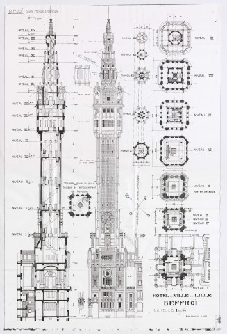 Travaux de restauration des façades du beffroi et de la façade arrière place Roger Salengro et place Augustin Laurent de l'hôtel de ville, analyse des offres dont celle de la S.A Vimar : acte d'engagement pour le lot n°2, certificat Qualibat de la, certificat d'aptitude, volets 1 et 2 de la déclaration du candidat, déclaration de travaux exemptés de permis de construire ou déclaration de clôture, attestation, plan général de coordination de sécurité et de protection de la santé, rapport de service, rapports d'analyse financière des lots, plans (de situation du dossier marché, de masse de l'état actuel, de façade), coupe FF, du beffroi (1982), de la lanterne et cage de fer du beffroi pour la création d'un hall d'accueil et d'une salle du conseil, de la façade sur cour du bâtiment des finances), cahier des clauses techniques particulières du dossier de consultation des entreprises pour la réfection des façades, devis, planning prévisionnel du chantier, correspondance.