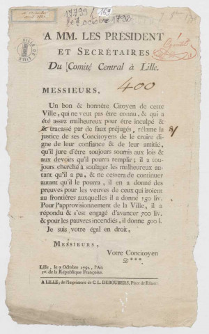 Publicité d'un don anonyme pour les veuves des soldats, l'approvisionnement de la Ville et les pauvres incendiés