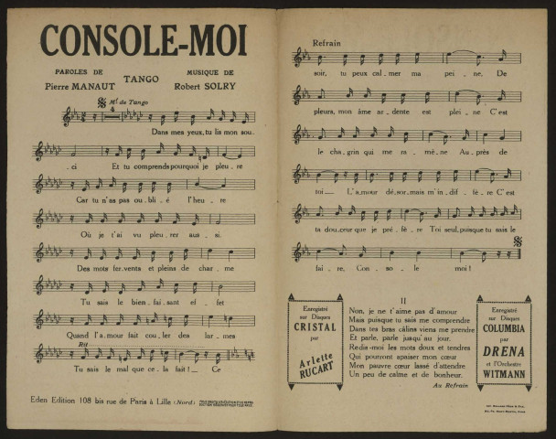Console moi, paroles Pierre Manaut, musique Robert Solry
