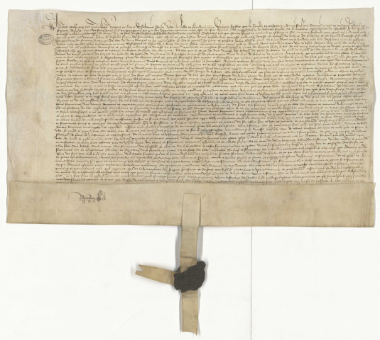 Main-levée de la saisie de la châtellenie de Lille, de la seigneurie de La Boutillerie et de celle d'Haubourdin au profit de Pierre de Luxembourg, comte de Brienne, fils du défunt comte de Saint-Pol, en exécution du privilège de non-confiscation, et de la seigneurie de « Borgueval » en Brabant, revenant audit Pierre du chef de sa mère Jeanne de Bar, première femme du défunt (27 mars 1477).