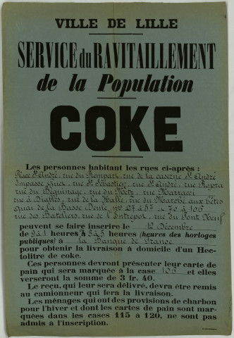 Ravitaillement . - Réglementation concernant le coke: 1 affiche