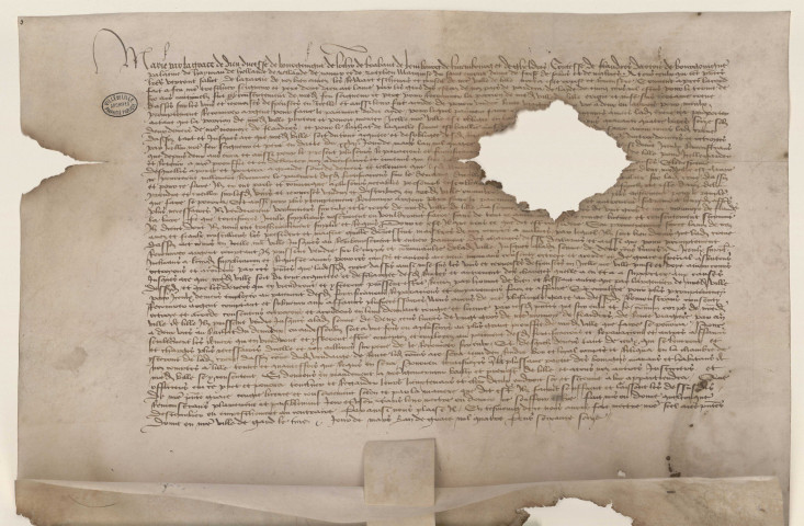 Gand : Lettres-patentes de Marie, duchesse de Bourgogne, autorisant une crue d'assis sur les vins et cervoises à Lille et l'aliénation de 200 1. de rentes viagères (3 mars 1477).