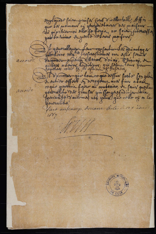 Extrait de la capitulation de Lille le 27 août 1667, signée par Louis XIV - Archives municipales de Lille -   AG/309/1