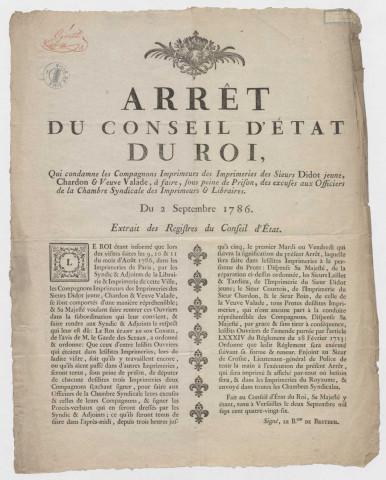 Arrêt du Conseil d'Etat du Roi condamnant des compagnons imprimeurs