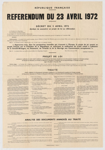République française. Référendum du 23 avril 1972 : décret du 5 avril décidant de soumettre un projet de loi au référendum.