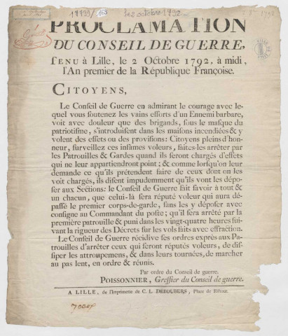 Proclamation du conseil de guerre tenu à Lille