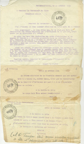 Lettre d'Oscar Fanyau, ancien maire d'Hellemmes, à la Kommandantur et notes de la Kommandantur relatives à son décés et à son inhumation les 23, 25 et 26 octobre 1916