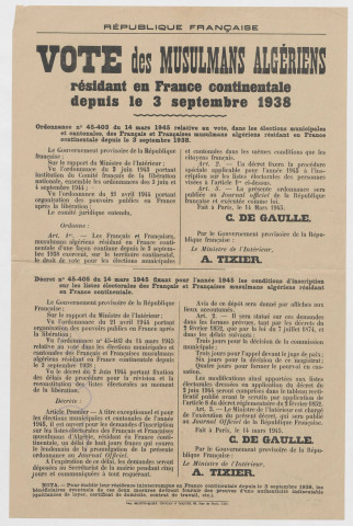 Vote des Musulmans algériens résidant en France continentale depuis le 3 septembre 1938.