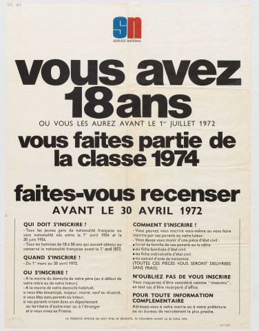 Service national. Recensement militaire.