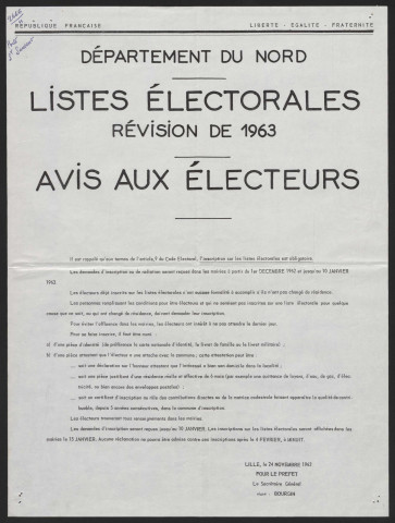 Département du Nord. Listes électorales. Révision de 1963. Avis aux électeurs.