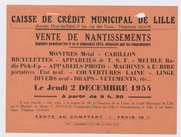 Caisse de Crédit Municipal de Lille. Vente de nantissements.