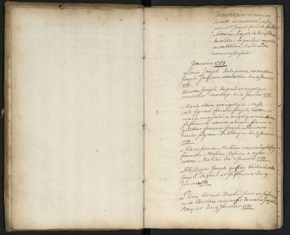 Inventaire et récépissé des actes et contrat passés par Maître Joseph Cornille Caullet et successeurs, notaires royaux de la résidence de Lille et par eux rapportés au tabellion dudit Lille. [inventaire détaillé et par ordre chronologique des articles n°14967 à 14982]