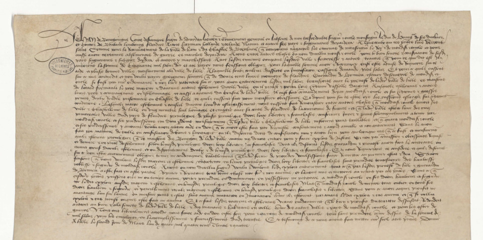 Annulation par Jean de Bourgogne, comte d'Etampes, gouverneur des « Pays de par deçà », de la procédure instruite contre Lolard Fremault, mayeur de Lille, et les échevins, incarcérés et victimes d'une perquisition contraire au privilège de non-confiscation à l'occasion du subside de 1000 saints exigé des habitants pour leur participation à l'indemnité de 50.000 saints destinée à la libération de Ham (2 mars 1435).