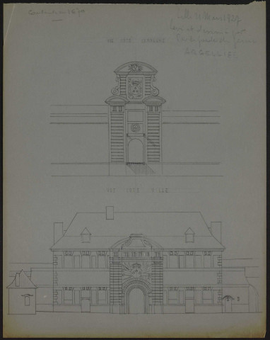 Reproductions de dessins, datés 1827, d'une des portes d'entrée de Lille, côté Ville et côté Campagne (aujourd'hui disparue).