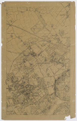 Plan de la ville de Lille et des communes limitrophes sous l'administration de Charles Delesalle d'après les plans cadastraux revue et mis à jour sur le terrain par Lesage, géomètre de la Ville. Numérotation de 1 à 6 avec plans "bis" et plus, 39 pièces.