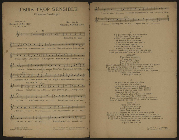 J'suis trop sensible, chanson cardiaque, paroles Marcel Masset, musique Charles Courtioux