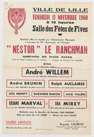 42ème anniversaire de l'Armistice. Opérette "Nestor le ranchman" organisé à la salle des fêtes de Fives le 11 novembre 1960