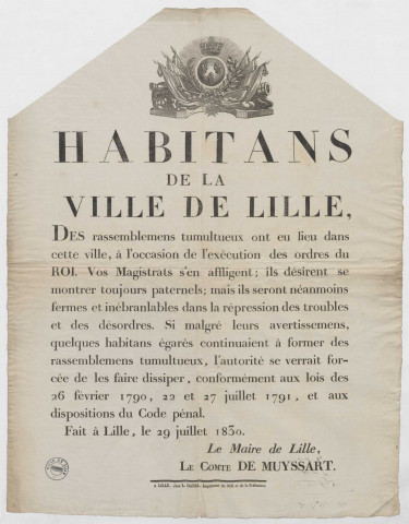 Avis du maire de Lille, comte de Muyssart, mettant en garde la population contre les attroupements et troubles de l'ordre public