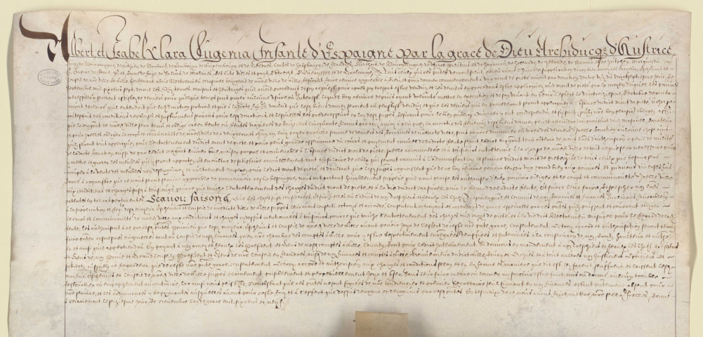 Autorisation donnée par les Archiducs pour la fondation d'un Mont de Piété par Barthélemy Masurel, bourgeois de Lille (16 novembre 1609).