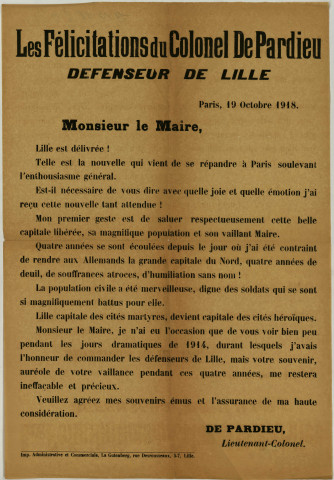 Libération. - Annonce du commandant de Pardieu: 1 affiche