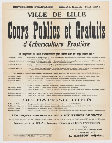 Palais Rameau. Jardin d'arboriculture. Cours publics et gratuits d'arboriculture fruitière programme pour l'année 1932.