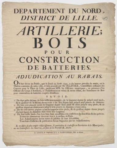 Lille en la maison commune Pour l'artillerie : adjudication de bois pour construction de batteries
