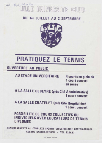 Complexe sportif universitaire Gaston Berger. Salle Debeyre. "Pratiquez le tennis".