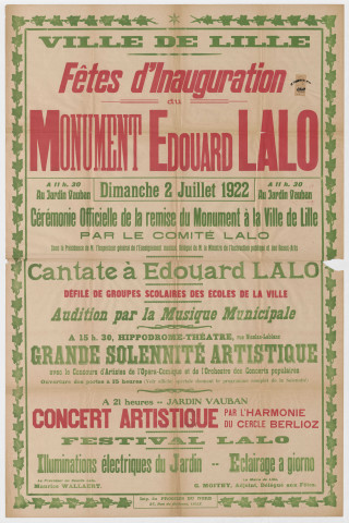 Fête d'inauguration du monument Edouard Lalo. Programme des festivités.