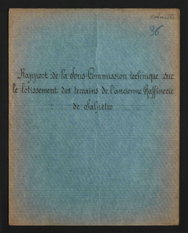 Rapport sur le lottisement des terrains de l'ancienne raffinerie de salpêtre