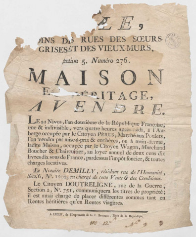 Lille, marché aux Poulets, à l'auberge du sieur Pérus. Vente de maison.