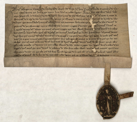 Lettres patentes de %arguerite, comtesse de Flandre, et de Gui, son fils, concernant la juridiction des échevins de Lille contestée par le chapitre de Saint-Pierre.