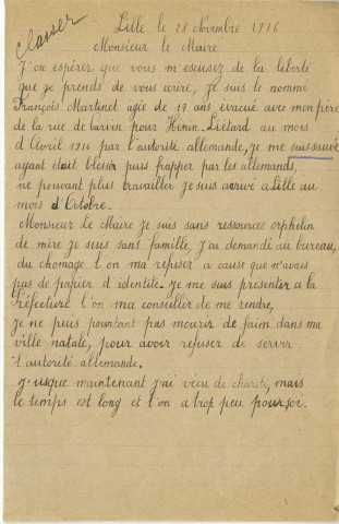 Lettre de François Martinet, jeune homme de 17 ans, adressée à Charles Delesalle pour lui demander de l'aide en novembre 1916