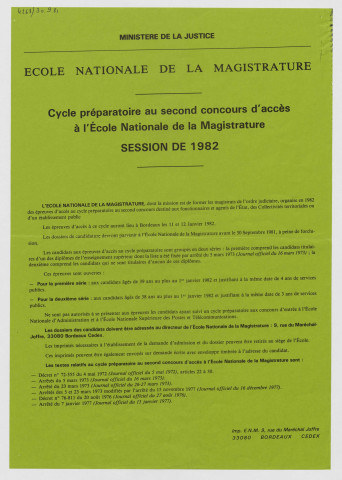 Ministère de la Justice. Ecole nationale de la magistrature. Cycle préparatoire au second concours d'accès à l'école nationale de la magistrature.