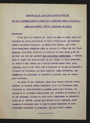 Rapport sur les communications à crééer ou à améliorer entre Saint-Maurice, Mons-en-Baroeul, Fives, Hellemmes et Lille