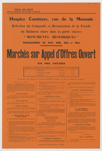 Hospice Comtesse. Partie du bâtiment classée "monuments historiques". Réfection du campanile et restauration de la façade : programme de 1979, 1980, 1981 et 1982. Marchés sur appel d'offres ouvert.