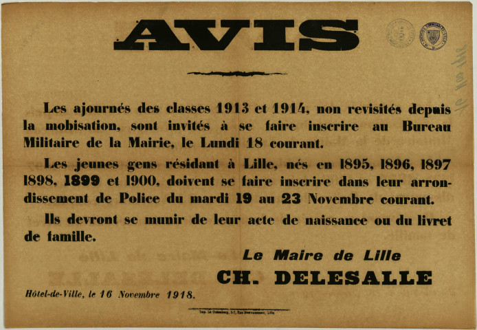 Affaires militaires. - Inscriptions des classes 1913 et 1914: 1 affiche
